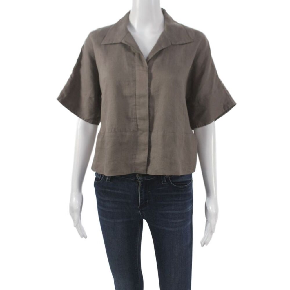 Finley Womens Cropped Linen Button Up Collared Short Sleeve Brown Top Size 2XS
